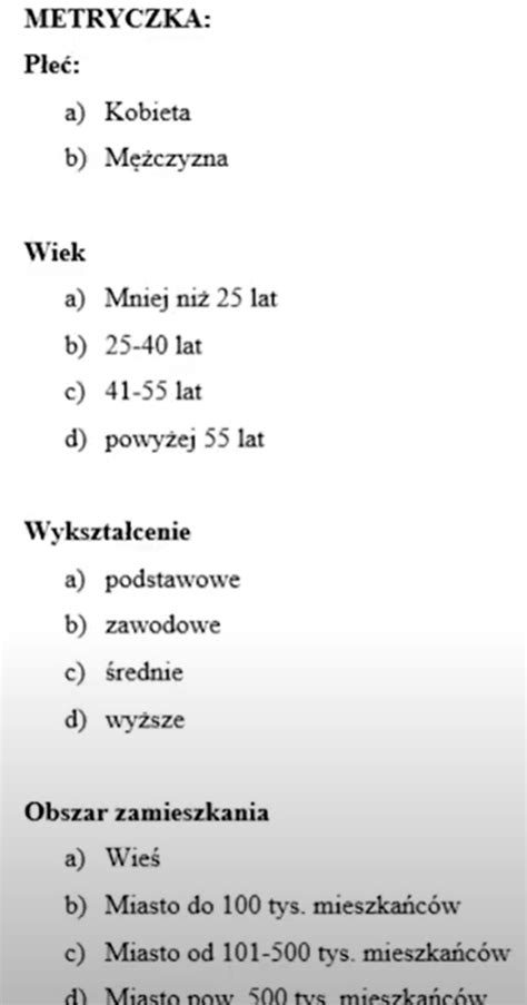 Przykładowa metryczka w ankiecie
