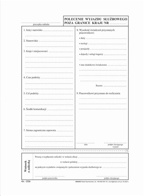 Przykładowy formularz polecenia wyjazdu w podróż służbową