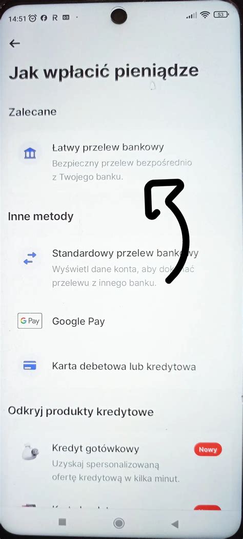 Zrzut ekranu z aplikacji Revolut pokazujący opcję łatwego przelewu bankowego