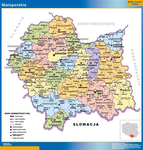 Mapa Małopolski z zaznaczonymi miastami, gdzie odbywały się staże