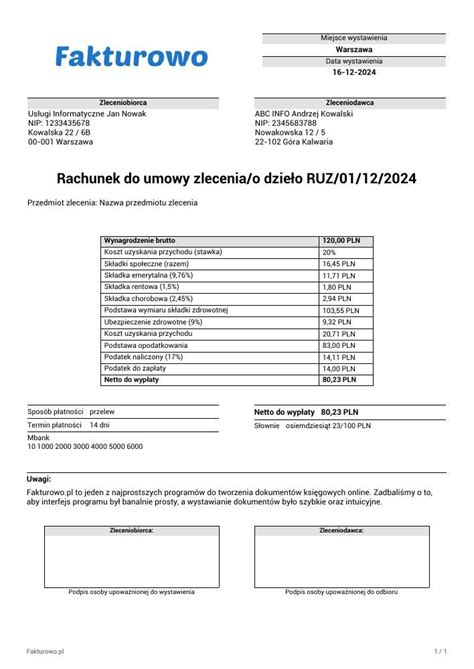 Przykładowy rachunek do umowy o dzieło