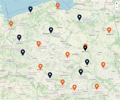 Mapa pokazująca lokalizacje oddziałów bankowych oferujących staże.