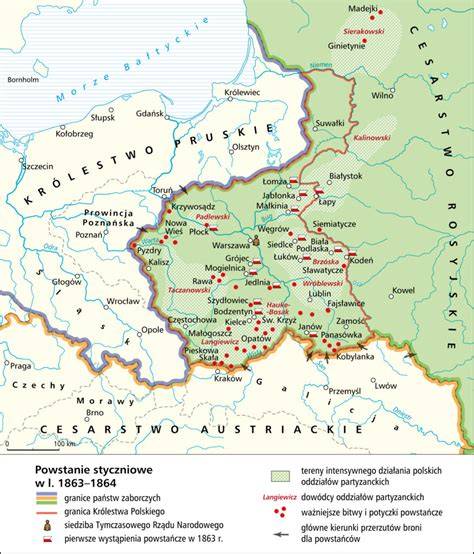 Mapa przebiegu bitew powstania styczniowego w regionie sandomierskim