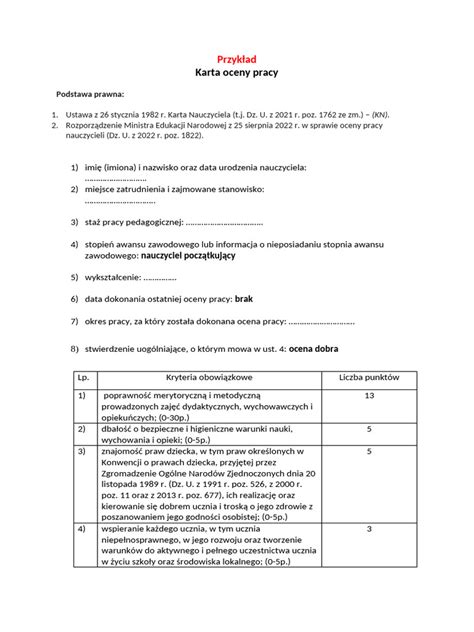 Karta oceny pracy nauczyciela