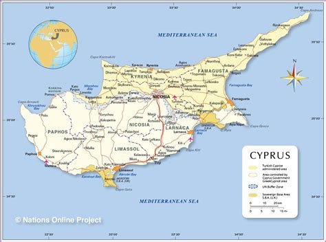 Mapa Cypru z zaznaczonymi popularnymi miejscowościami turystycznymi