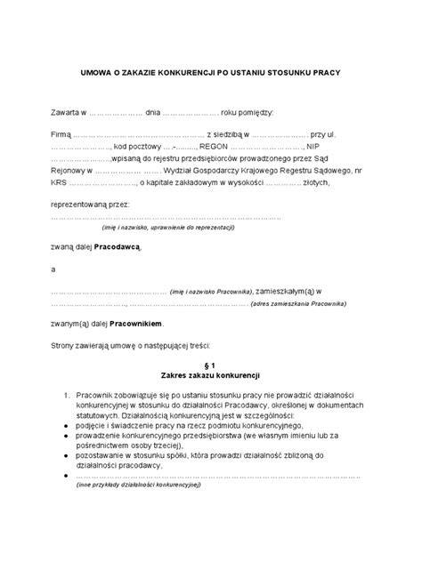 Schemat umowy o zakazie konkurencji