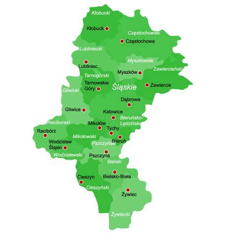 Mapa Śląska z zaznaczonymi miastami: Rybnik, Żory, Katowice