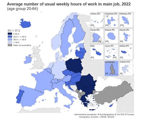 Mapa pokazująca średnią liczbę godzin pracy w tygodniu w poszczególnych stanach USA