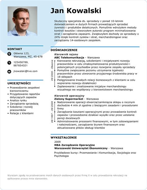 Przykładowy szablon CV dla osoby ubiegającej się o staż