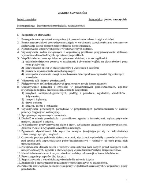 Schemat przedstawiający zakres obowiązków woźnego w przedszkolu