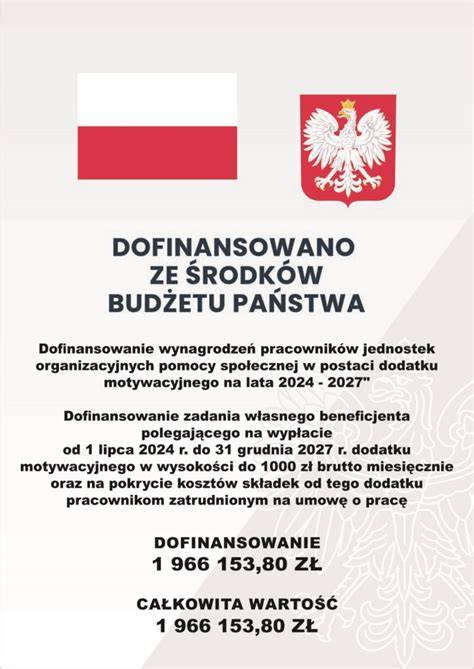 Plakat informujący o rządowym programie dofinansowania wynagrodzeń pracowników pomocy społecznej