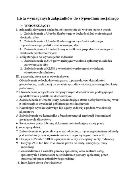 Lista wymaganych dokumentów do stypendium socjalnego