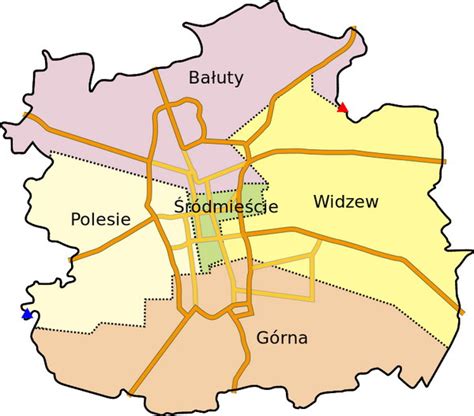 Mapa z zaznaczonymi dzielnicami Łodzi