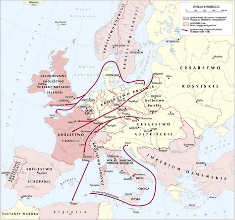 Mapa Europy z zaznaczonymi popularnymi kierunkami emigracji