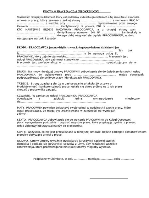 Schemat przedstawiający kluczowe elementy umowy o pracę na czas nieokreślony.