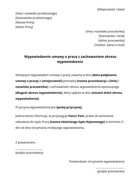 Przykład pisma o wypowiedzeniu umowy o pracę z podaniem przyczyny