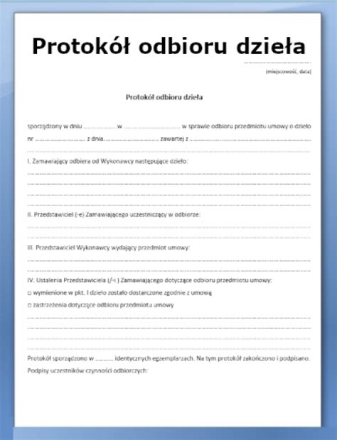 Przykładowy protokół odbioru dzieła