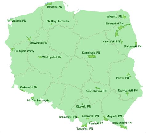 Mapa parków narodowych w Polsce