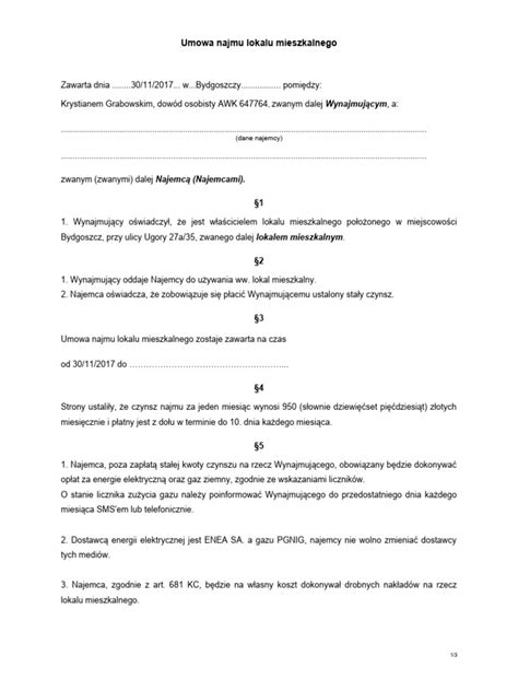 Schemat struktury umowy najmu lokalu mieszkalnego