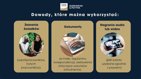 Ikony symbolizujące dowody: nagranie, zeznania świadków, dokumenty