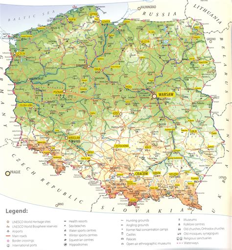 Mapa Polski z zaznaczonymi popularnymi miejscowościami uzdrowiskowymi