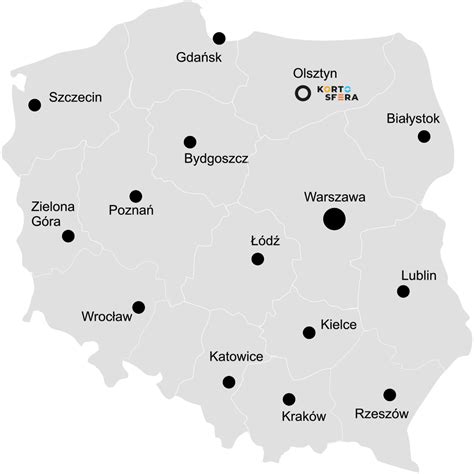 Mapa Polski z zaznaczonymi głównymi miastami, w których można dochodzić roszczeń w sprawach o mobbing.