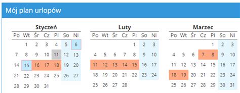 Kalendarz z zaznaczonymi okresami urlopów