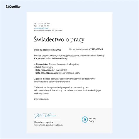 Przykładowy wzór świadectwa pracy