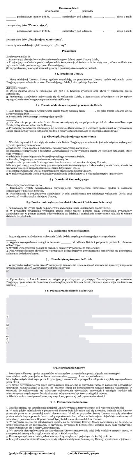 Schemat ryzyk prawnych związanych z umową o dzieło