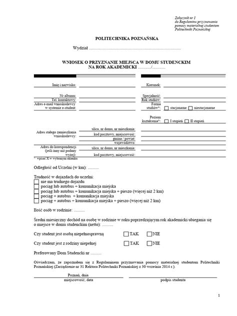 Wzór wniosku o miejsce w domu studenckim