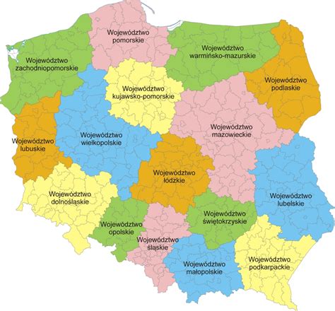 Mapa Polski z zaznaczonymi powiatami o najwyższych i najniższych zarobkach