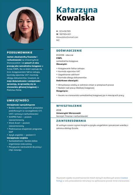 Przykładowe CV z sekcjami