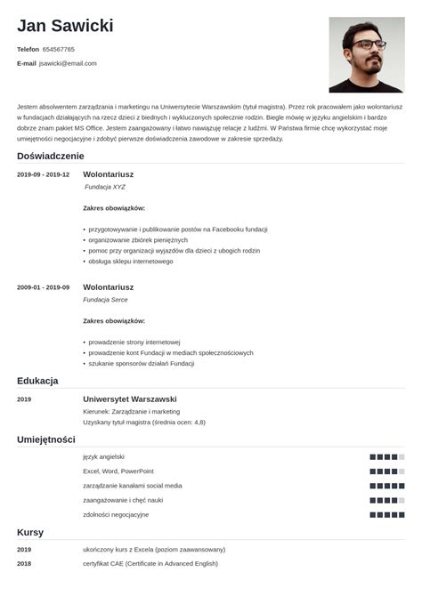 Przykładowy szablon CV dla studenta lub osoby bez doświadczenia zawodowego