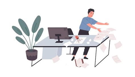 Ilustracja przedstawiająca pracownika zestresowanego przy biurku, z chmurą negatywnych myśli wokół głowy.