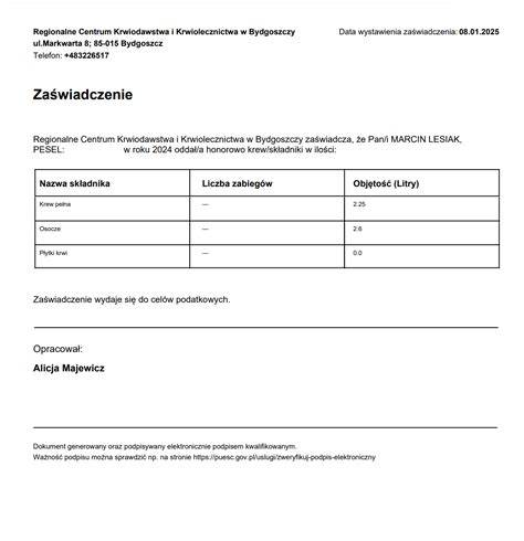 Zaświadczenie z punktu krwiodawstwa