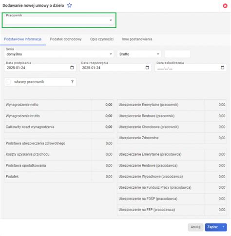 Proces generowania umowy o dzieło w systemie