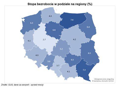 Mapa pokazująca bezrobocie w województwach Polski