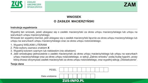 Przykładowy wniosek o zasiłek macierzyński