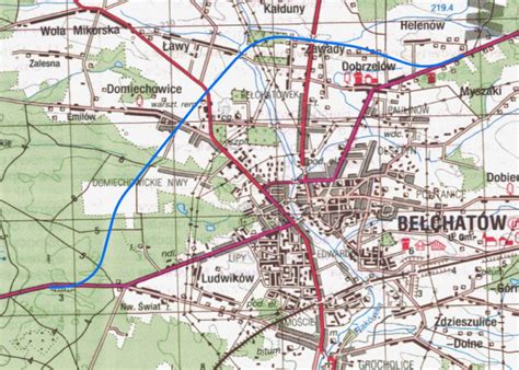 Mapa Bełchatowa z zaznaczoną lokalizacją kopalni i elektrowni