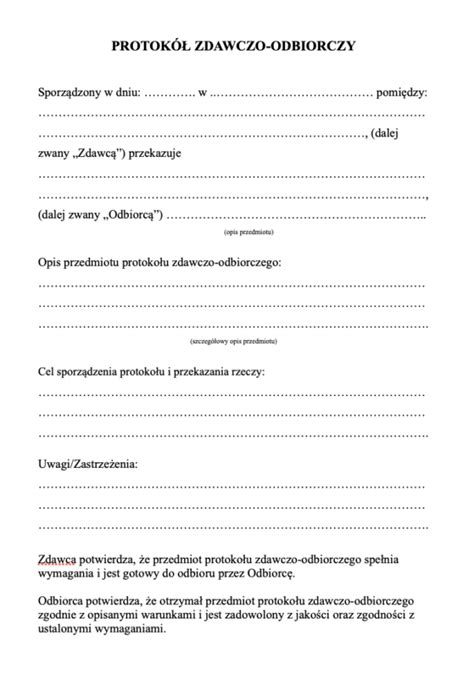 Schemat przedstawiający kluczowe elementy protokołu odbioru dzieła