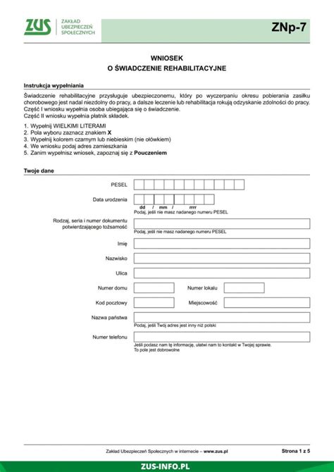 Formularz wniosku o świadczenie rehabilitacyjne Znp-7