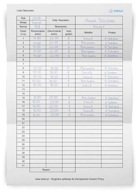Przykładowa lista obecności