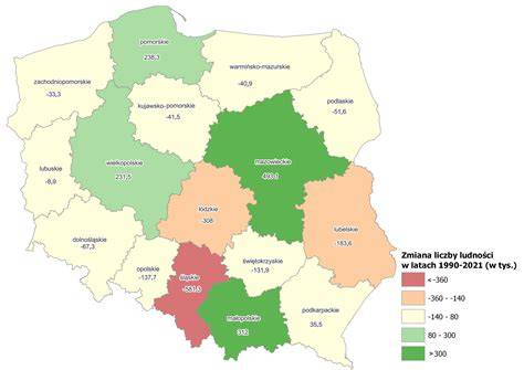 Mapa Polski z zaznaczonymi prognozowanymi zapotrzebowaniami na pracowników w poszczególnych województwach