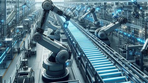 Ilustracja przedstawiająca robota przemysłowego pracującego na linii produkcyjnej