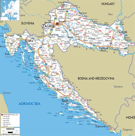 Mapa turystyczna Chorwacji z zaznaczonymi regionami
