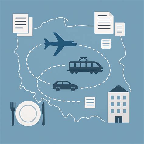 Infografika przedstawiająca podział kosztów delegacji krajowej: dieta, nocleg, transport.