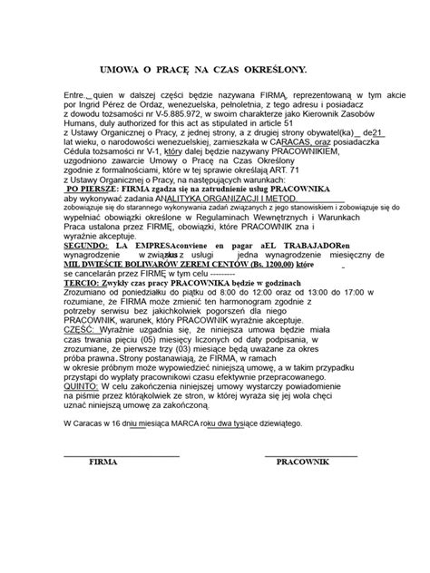 Szablon umowy o pracę na czas określony