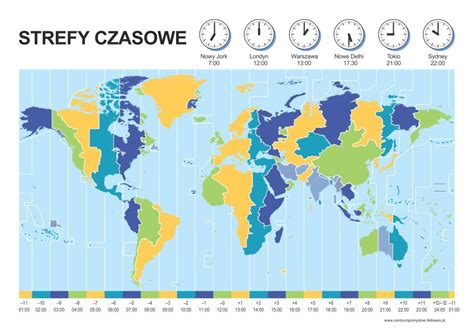 Mapa świata z zaznaczonymi strefami czasowymi