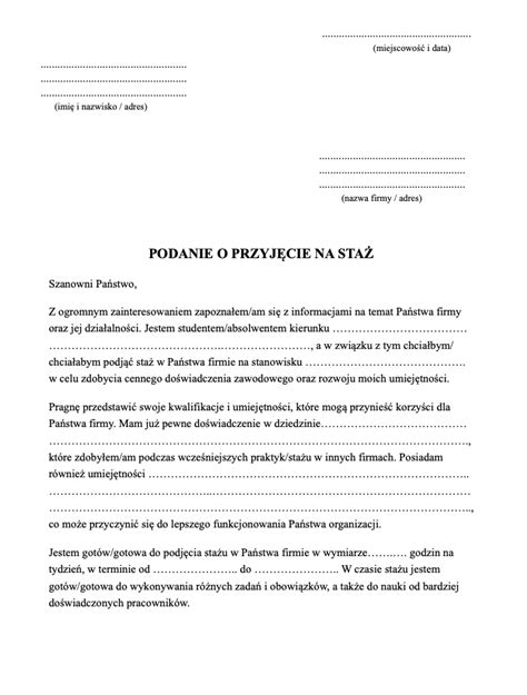 Przykładowy wzór podania o staż