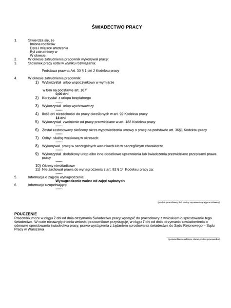 Przykładowe świadectwo pracy